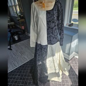 Two-Tone Black and Cream Rennfaire Dress With Train, Hood, And Purse